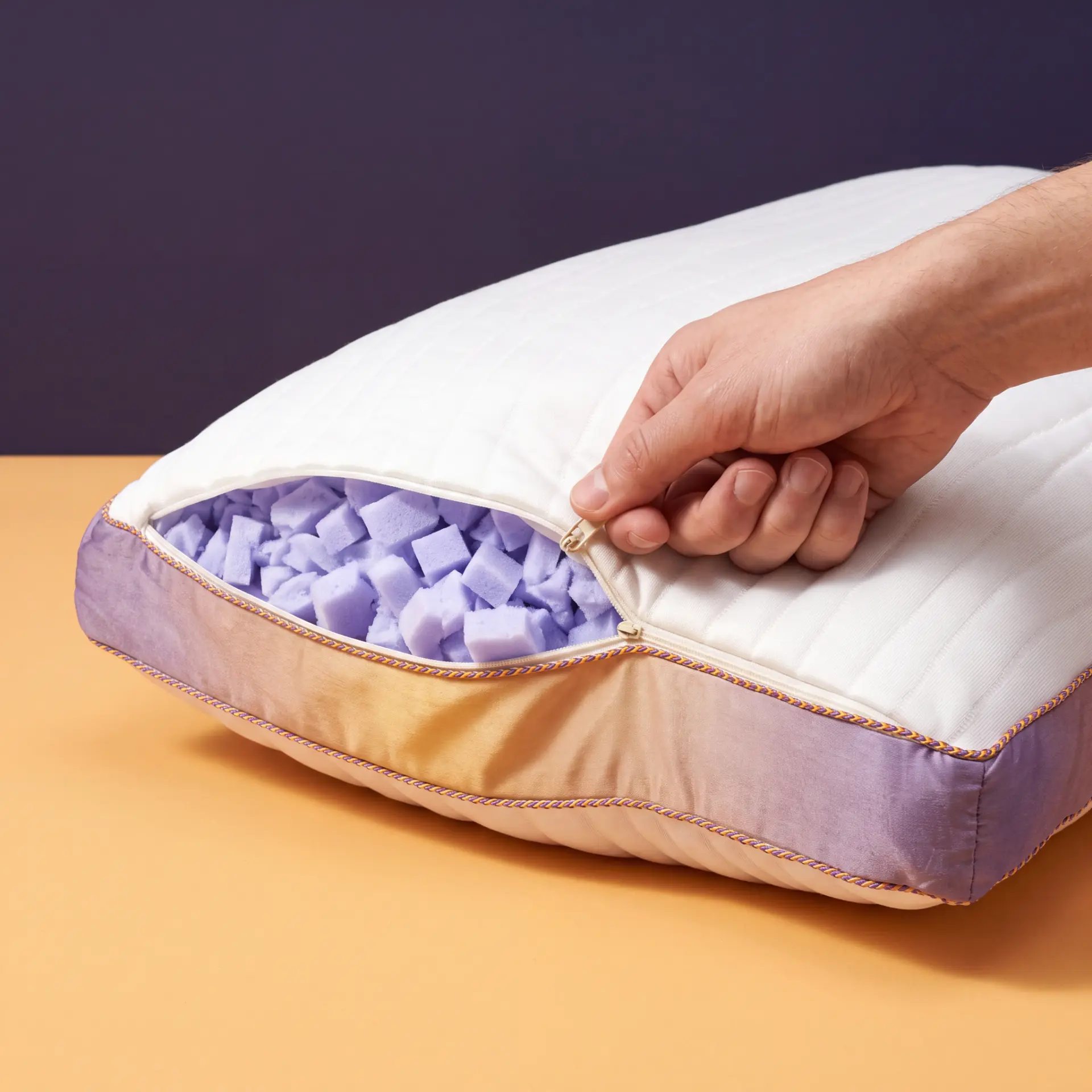 Hand unzipping the pillow cover to reveal lavender shredded foam fill